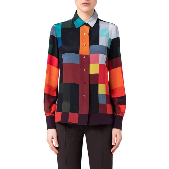 Akris Tops - Akris Interior Abstract Pixel Print Silk Top Blouse Squares Grid Rainbow 10